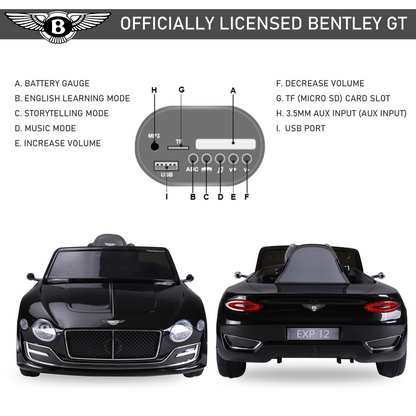 HOMCOM Compatible Electric Kids Ride On Car Bentley GT 12V Battery Powered Toy Two Motors with LED Light Music Parental Remote Control for 3 - 5 Years Black Bentley