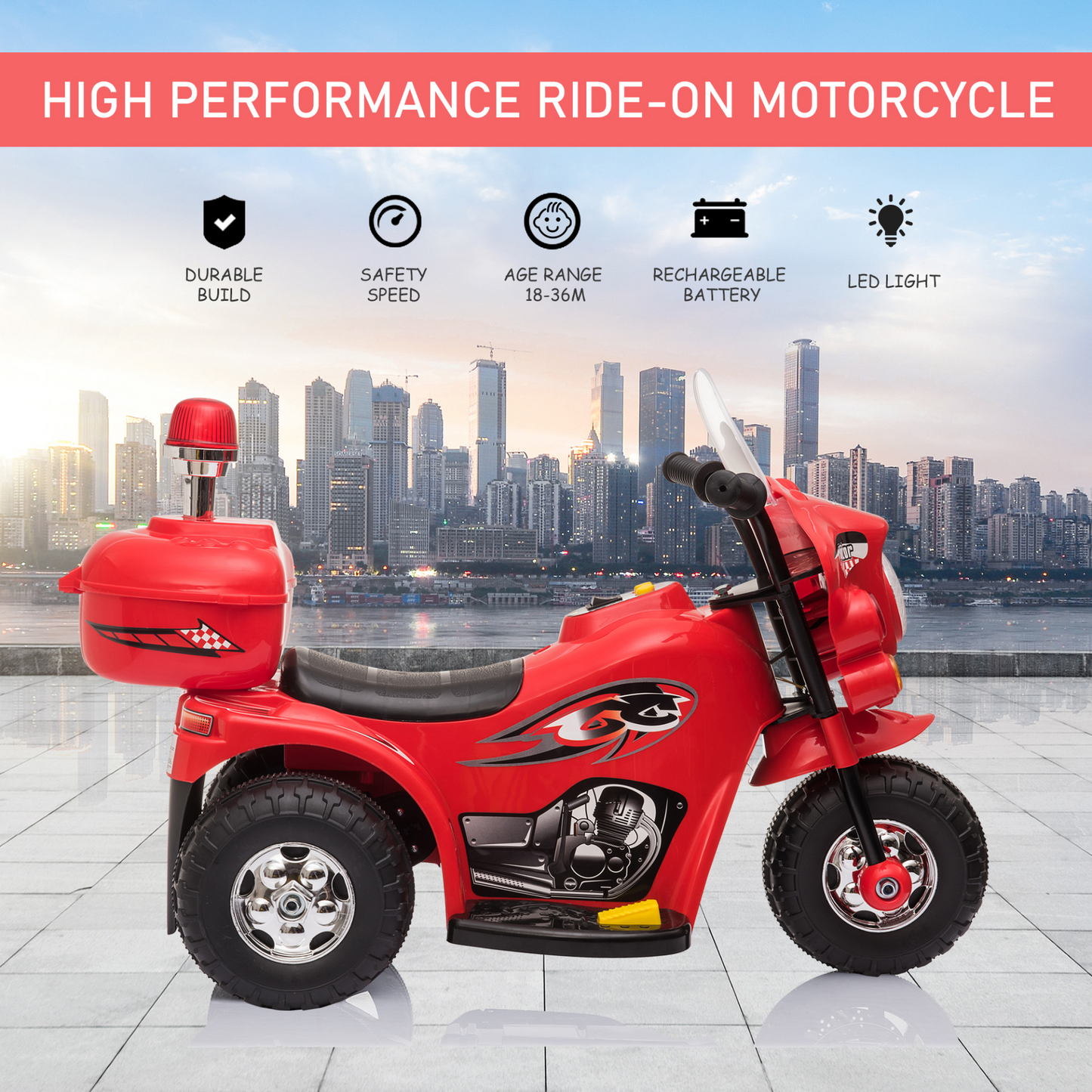 HOMCOM Kids 6V Electric Ride On Motorcycle 3 Wheel Vehicle Lights Music Horn Storage Box Outdoor Toy for 18 - 36 Months Red