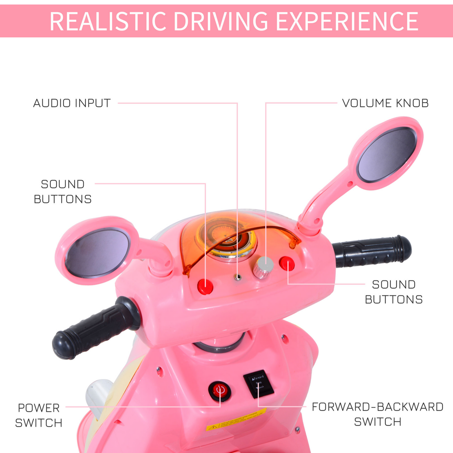 HOMCOM Kids Electric Ride On Toy Car Kids Motorbike Children Tricycle w/6V Chargeable Battery Headlight and Music for 3-5 Years (Pink)