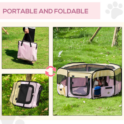 PawHut Fabric Pet Whelping Box Dog Cat Puppy Playpen Rabbit Guinea Pig Play Pen in Pink With Carry Bag Small Dia 90 x 41Hcm