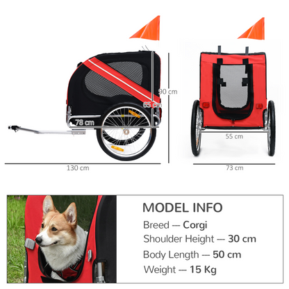 PawHut Folding Dog Bike Trailer Pet Cart Carrier for Bicycle Travel with Hitch Coupler in Steel Frame - Red & Black