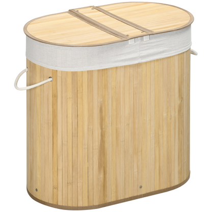 HOMCOM Bamboo Laundry Basket with Lid, 100 Litres Laundry Hamper with 2 Sections, Removable Washable Lining, Washing Baskets, 62.5 x 37 x 60.5cm, Natural