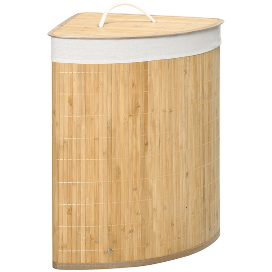 HOMCOM Bamboo Laundry Basket with Lid, 55 Litres Laundry Hamper with Removable Washable Lining,  Corner Washing Baskets, 38 x 38 x 57cm, Natural