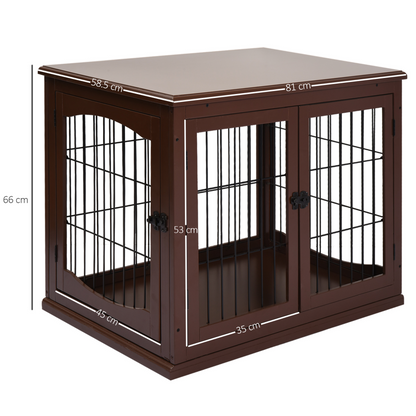 PawHut Wooden Dog Crate, Furniture Style Puppy Cage End Table, Pet Kennel House with 3 Doors for Small Dog, Brown 81 x 58.5 x 66 cm