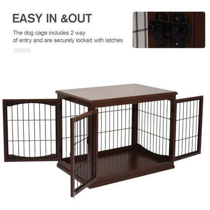 PawHut Wooden Dog Crate, Furniture Style Puppy Cage End Table, Pet Kennel House with 3 Doors for Small Dog, Brown 81 x 58.5 x 66 cm
