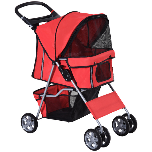 PawHut Pet Stroller for Small Miniature Dogs Cats Foldable Travel Carriage with Wheels Zipper Entry Cup Holder Storage Basket Red