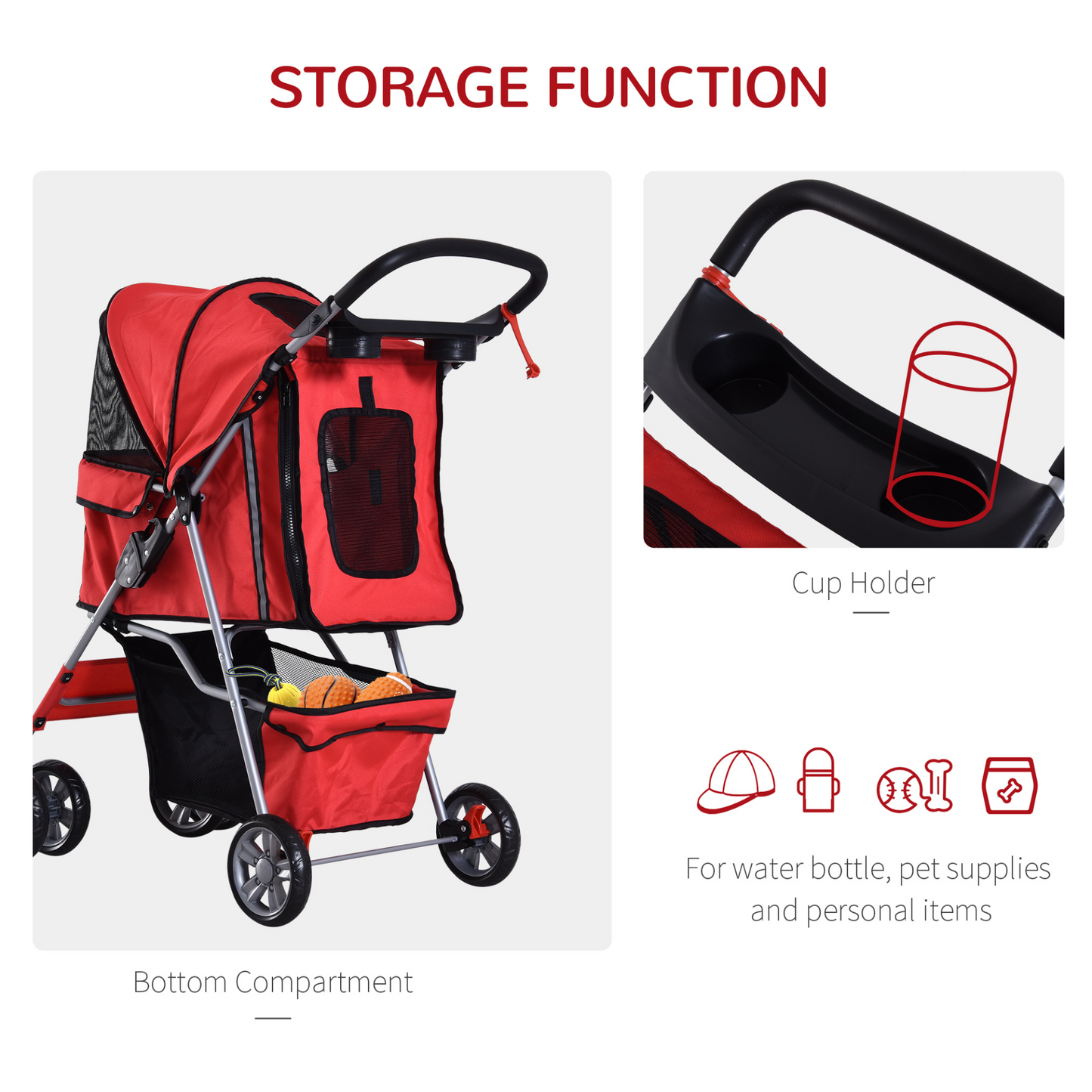 PawHut Pet Stroller for Small Miniature Dogs Cats Foldable Travel Carriage with Wheels Zipper Entry Cup Holder Storage Basket Red