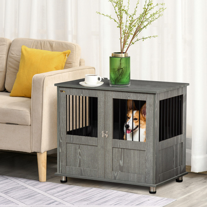PawHut Dog Crate Furniture End Table, Pet Kennel for Small and Medium Dogs with Magnetic Door Indoor Animal Cage, Grey, 85 x 55 x 75 cm