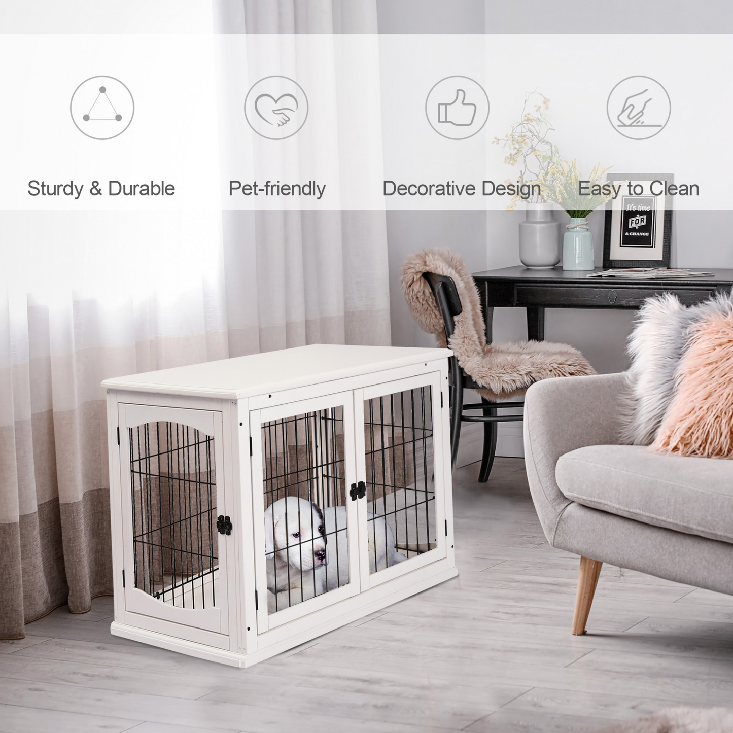 PawHut Wooden Dog Crate, Furniture Style Puppy Cage End Table, Pet Kennel House with 3 Doors for Small Dog, White 81 x 58.5 x 66 cm