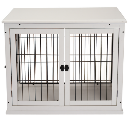 PawHut Wooden Dog Crate, Furniture Style Puppy Cage End Table, Pet Kennel House with 3 Doors for Small Dog, White 81 x 58.5 x 66 cm