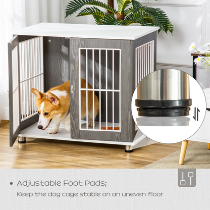 PawHut Dog Crate Wooden Pet Kennel Cage End Table w/ Lockable Door for Small Medium Dog Grey & White 85 x 55 x 75 cm
