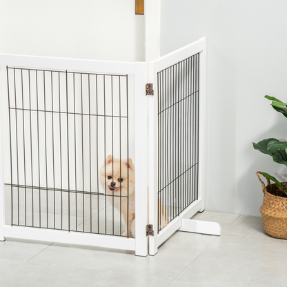 PawHut Freestanding Pet Gate 4 Panel Wooden Dog Barrier Foldable Safety Fence with Support Feet 264cm Long 77cm Tall for Doorway Stairs White