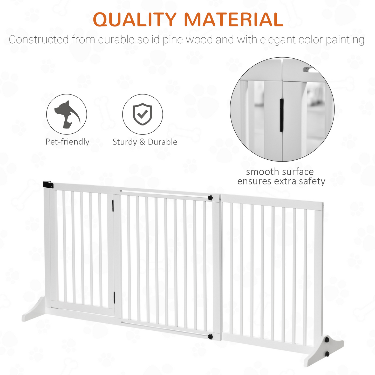 PawHut Adjustable Wooden Pet Gate Freestanding Dog Barrier Fence Doorway 3 Panels Safety Gate w/ Lockable Door White 71H x 113-166W cm