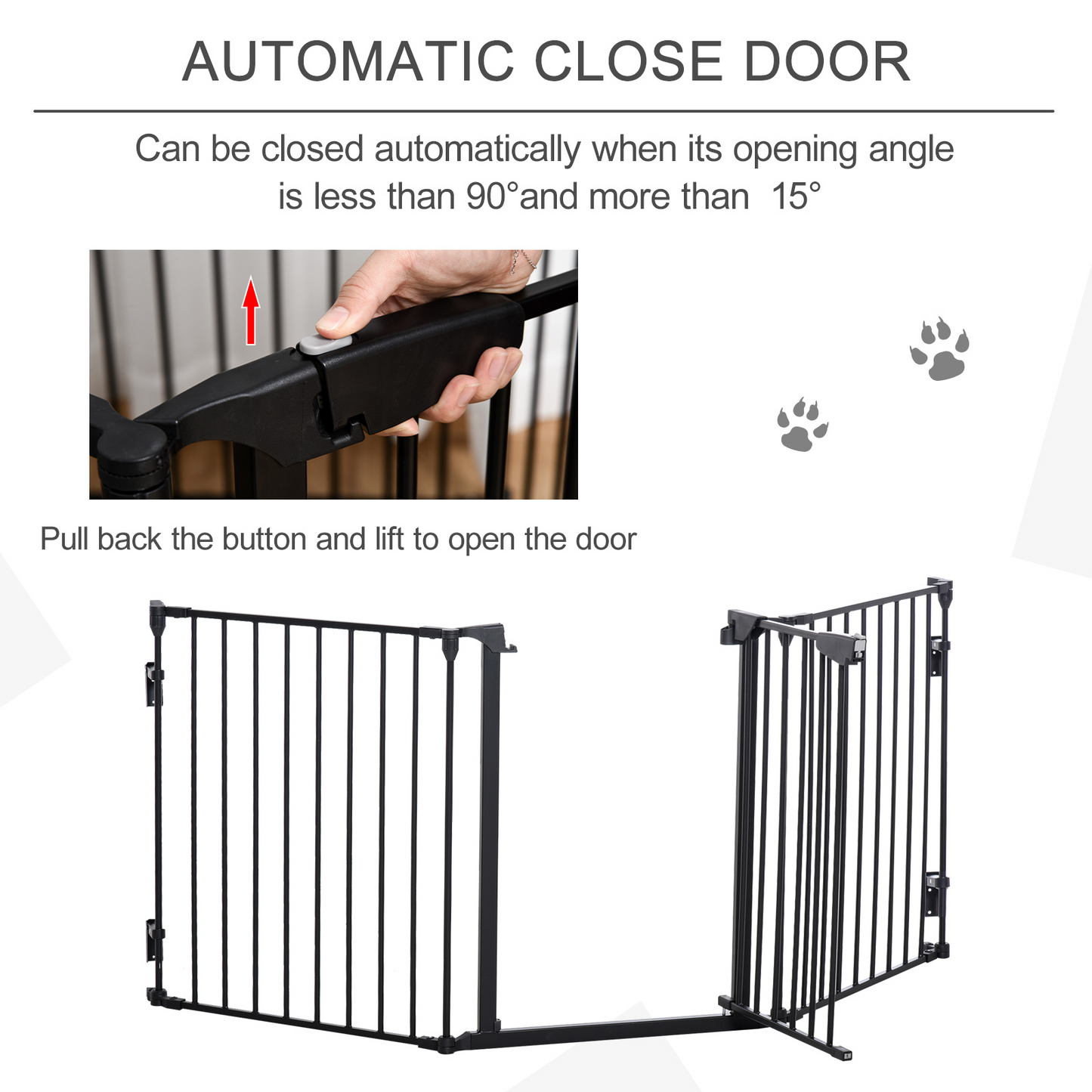 PawHut Pet Safety Gate 3-Panel Playpen Fireplace Christmas Tree Metal Fence Stair Barrier Room Divider with Walk Through Door Automatically Close Lock Black