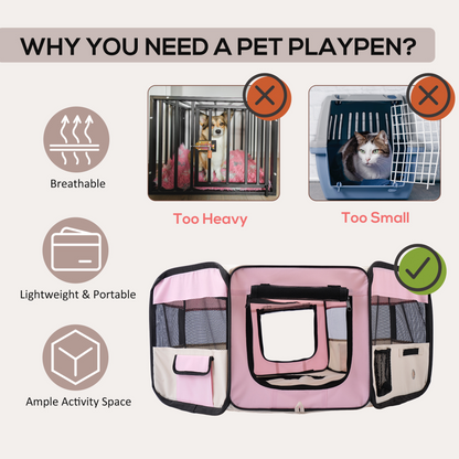 PawHut Fabric Dog Play Pen Puppy Pet Cat Rabbit Pig Guinea Playpen Run Indoor & Outdoor, Dia 90 x 41H cm Pink