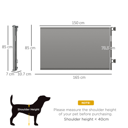 PawHut Retractable Stair Gate for Dogs 150cm Extendable, 85cm Tall, Extra Wide Foldable Mesh Pet Safety Gate w/ One Hand Operation, for Stairs, Doorways, Hallways - Grey