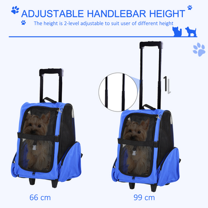 PawHut Pet Travel Backpack Bag Cat Puppy Dog Carrier w/ Trolley and Telescopic Handle Portable Stroller Wheel Luggage Bag (Blue)