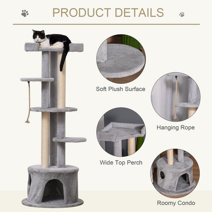 PawHut Cat Tree for Indoor Cats Kitten Tower Multi-level Activity Centre Pet Furniture with Scratching Post Condo Hanging Ropes Plush Perches Grey