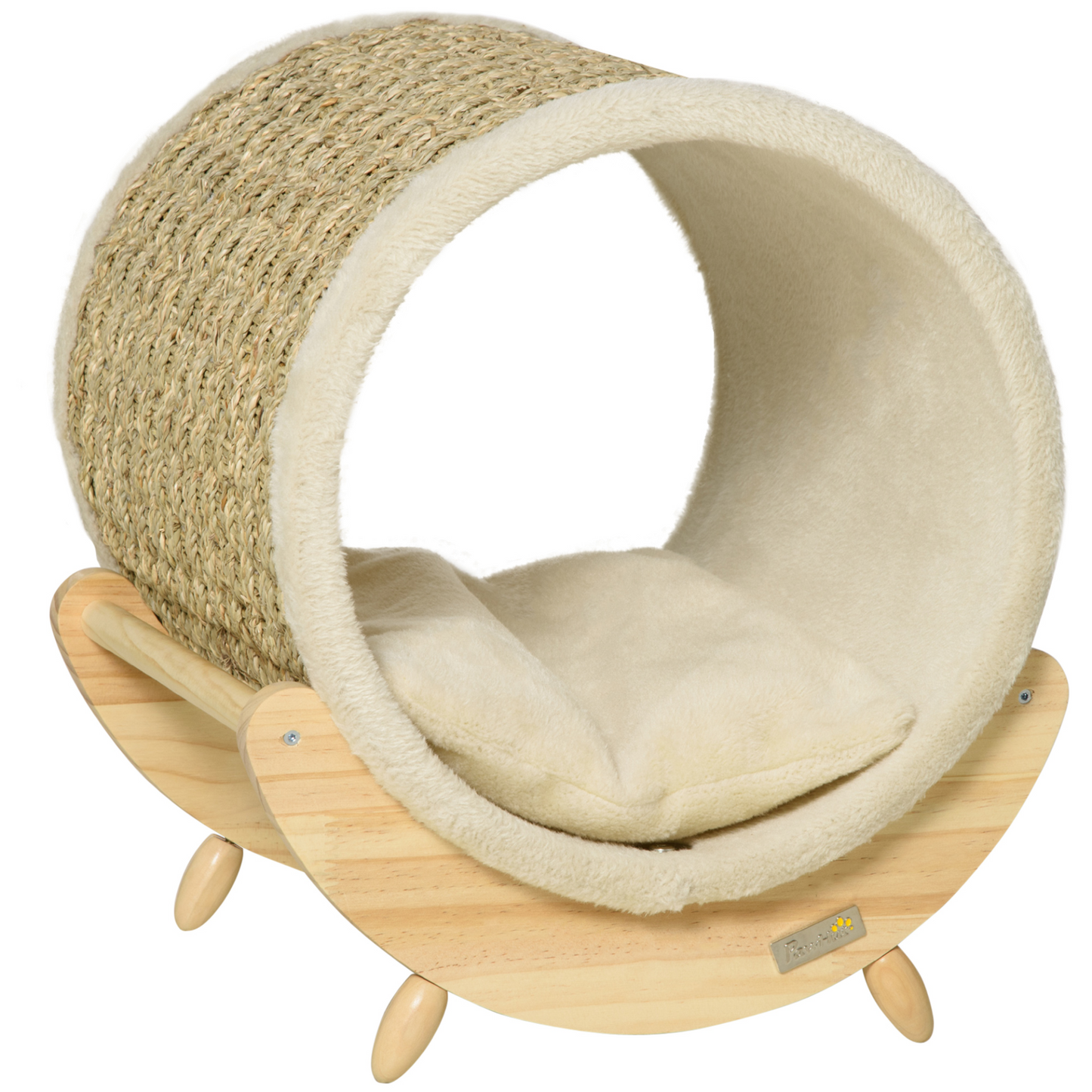 PawHut Raised Cat House Kitten Bed Pet Shelter Wrapped with Scratcher Soft Cushion, 41 x 38 x 43 cm, Beige