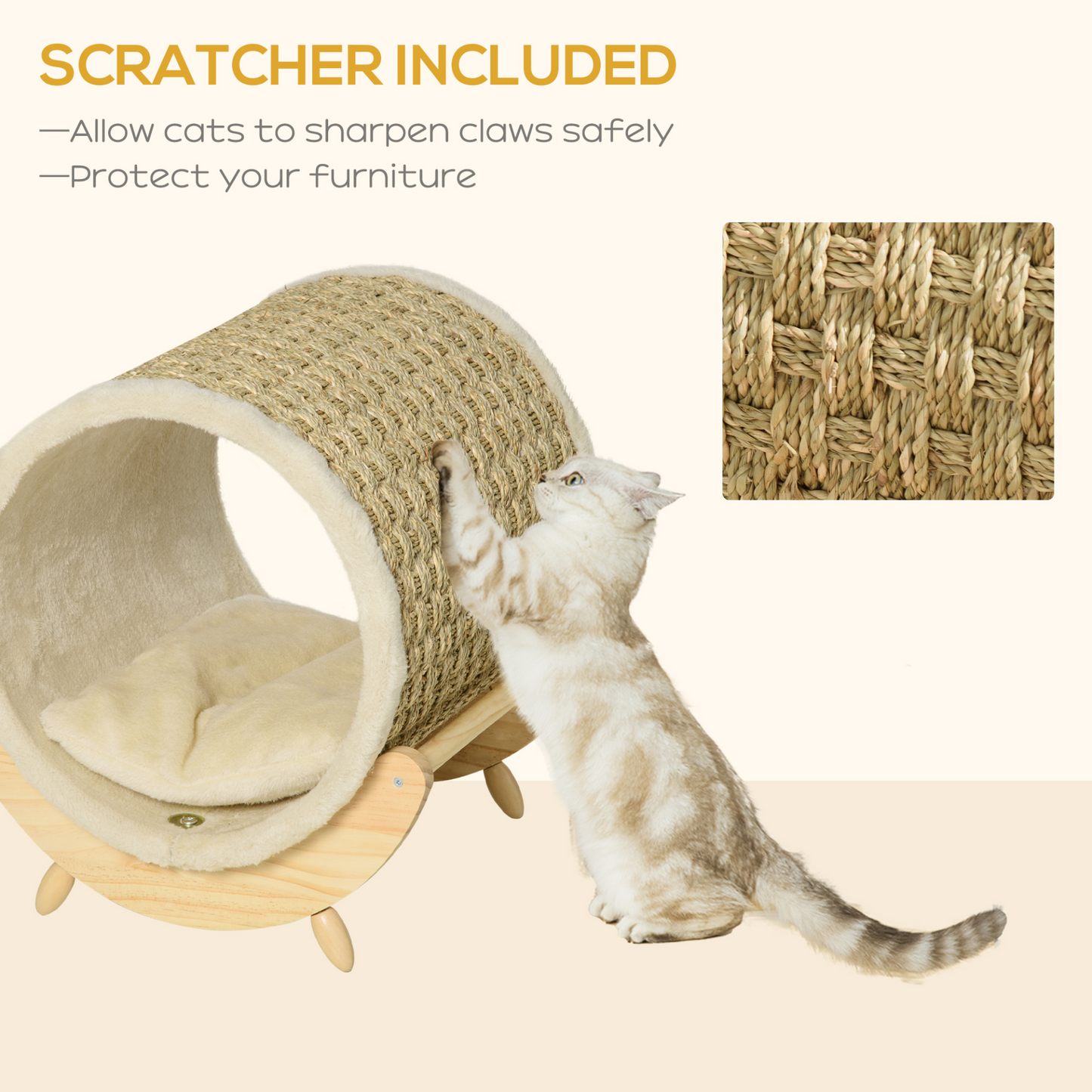 PawHut Raised Cat House Kitten Bed Pet Shelter Wrapped with Scratcher Soft Cushion, 41 x 38 x 43 cm, Beige