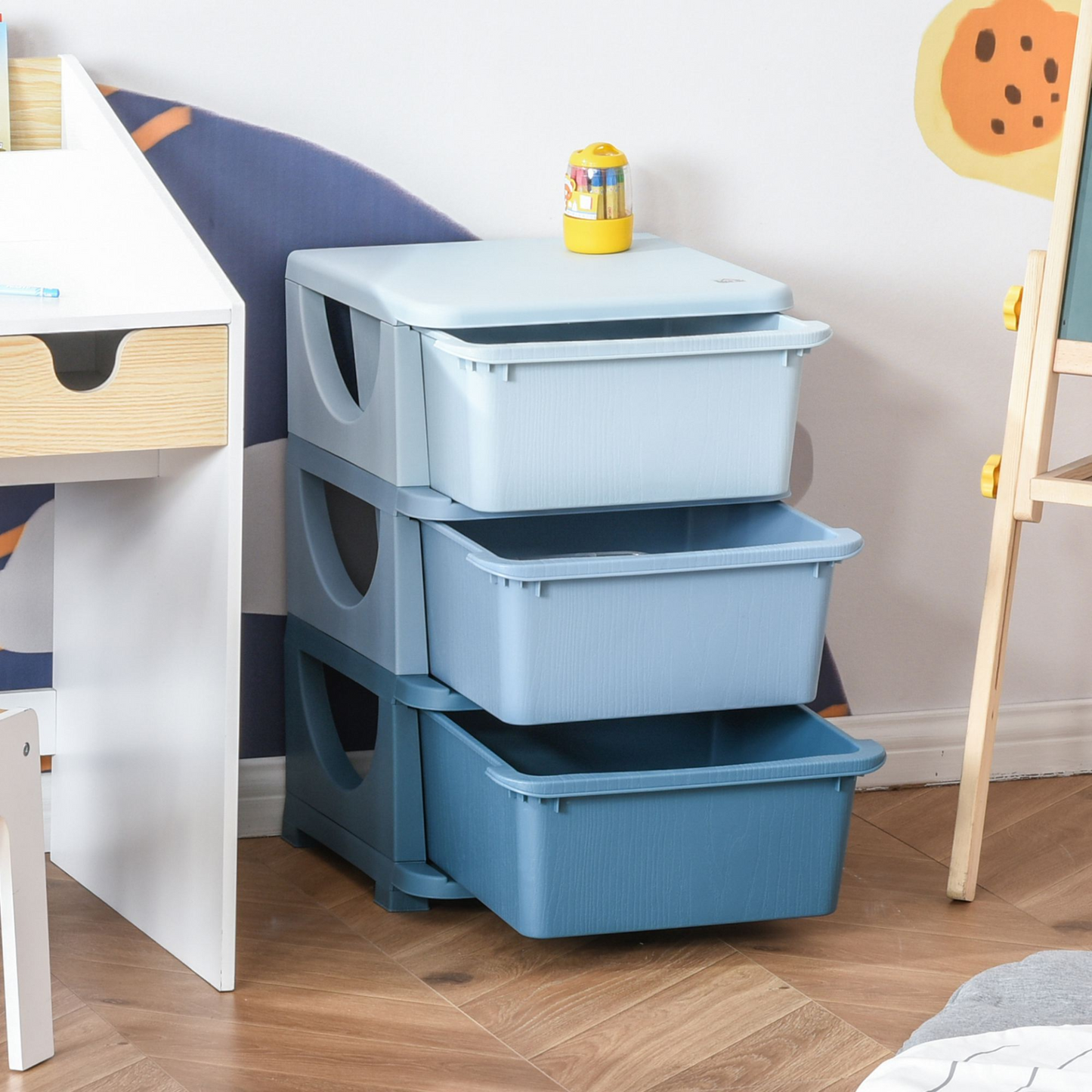 HOMCOM Kids Storage Units with 3 Drawers 3 Tier Chest Vertical Dresser Tower Toy Organizer for Nursery Playroom Kindergarten Blue