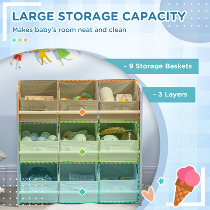 ZONEKIZ Kids Storage Unit Toy Box Organiser Bookshelf w/ Nine Removable Baskets, for Bedroom, Nursery, Playroom - Grey