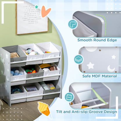 ZONEKIZ Kids Storage Unit Toy Box Organiser Bookshelf w/ Nine Removable Baskets, for Bedroom, Nursery, Playroom - Grey