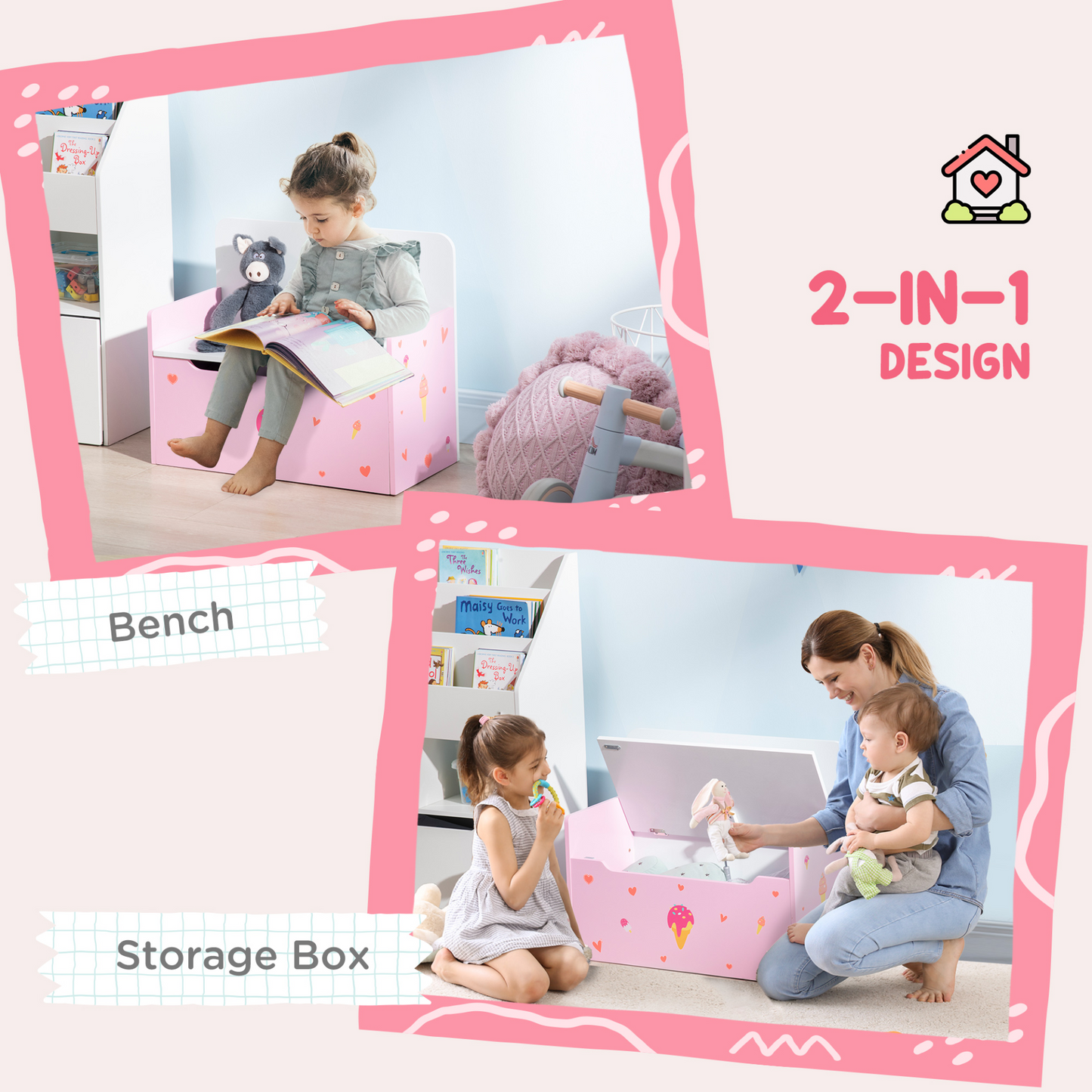 ZONEKIZ 2 in 1 Wooden Toy Box, Kids Storage Bench, Toy Chest with Safety Rod - Pink