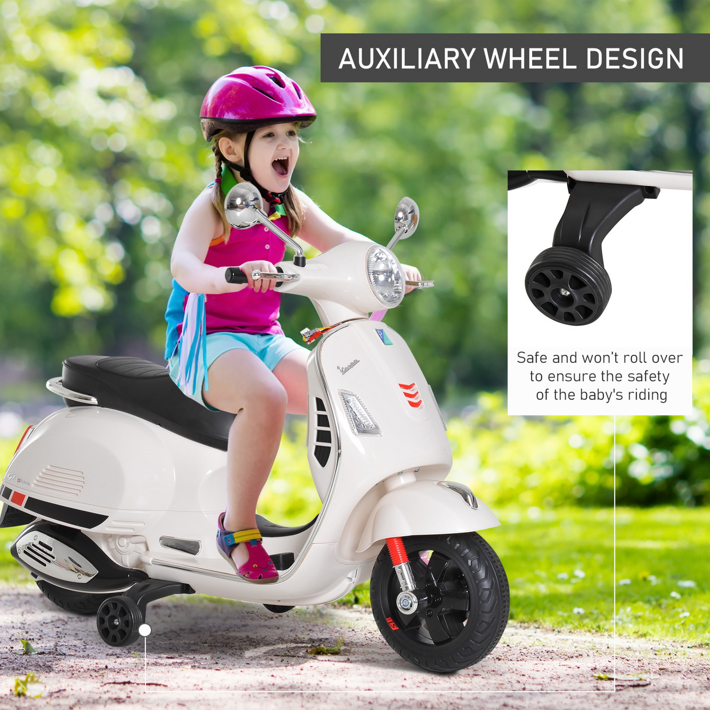 HOMCOM 6V Kids Electric Motorcycle Licensed Vespa Ride On Motorbike w/ MP3 Music LED Toy for 3-6 Years Old White