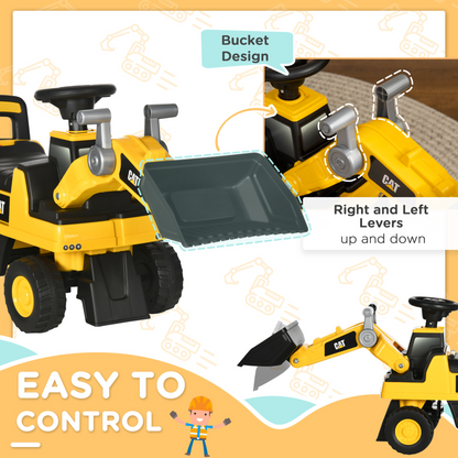 CAT Licensed Kids Construction Ride-On Toddler Digger Excavator Foot-To-Floor Ride-On Toy w/ Manual Shovel, Horn, Hidden Storage, for Ages 1-3 Years