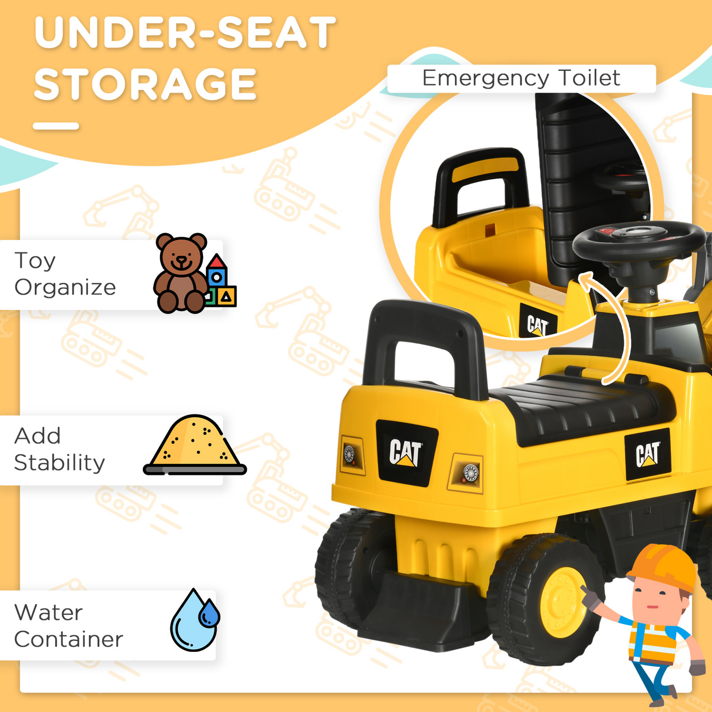 CAT Licensed Kids Construction Ride-On Toddler Digger Excavator Foot-To-Floor Ride-On Toy w/ Manual Shovel, Horn, Hidden Storage, for Ages 1-3 Years