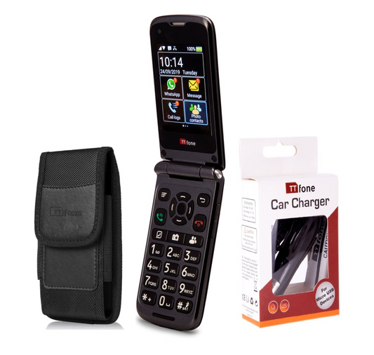 Bundle offer for TTfone Titan TT950 Touchscreen WhatsApp Flip Senior Mobile with Nylon Holster Case (TTCB9) and Car Charger (TTCC), Three Pay As You Go
