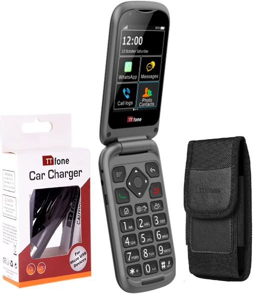 Bundle offer for TTfone TT970 4G WhatsApp Flip Big Button Senior Mobile with Nylon Holster Case (TTCB9) and Car Charger (TTCC), EE Pay As You Go