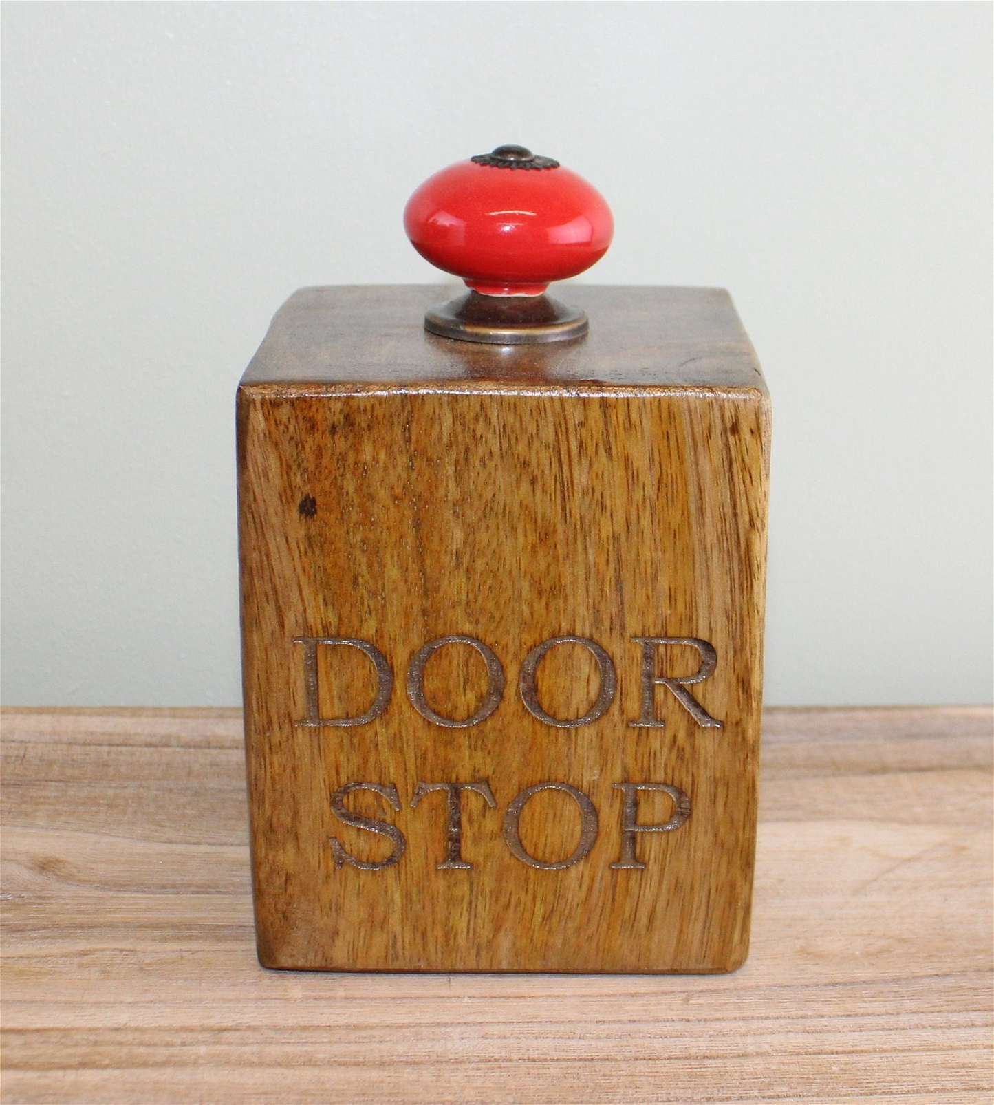 Mango Wood Doorstop With Red Ceramic Knob