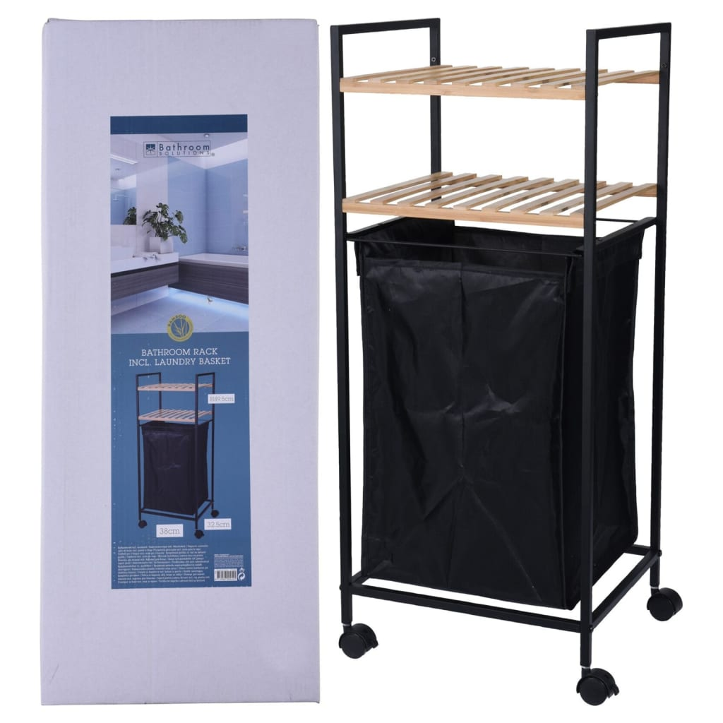 Bathroom Solutions Storage Rack with 2 Shelves and Laundry Basket Bamboo 89.5 cm