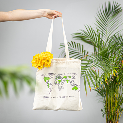 100% Cotton World Map Colour In Tote Bag